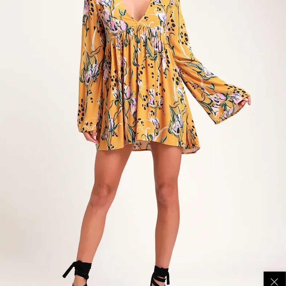 Free People Mustard Floral V-Neck Mini Dress - Picture 4 of 5
